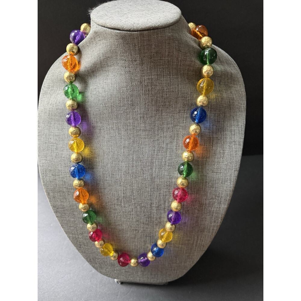 Vintage Glass Bead Necklace Handcrafted Artisan Colorful Chunky 80s Rainbow 32”